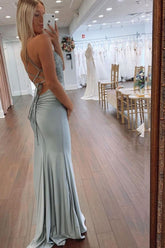Dusty Green Mermaid Spaghetti Straps Lace Up Long Glitter Prom Dress